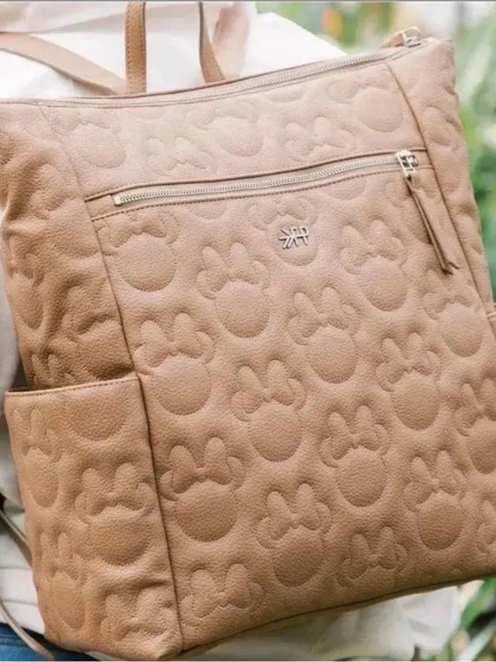 New Fresh Picked Large Tan Minimal Disney Baby Quilted embroidered Diaper bag.